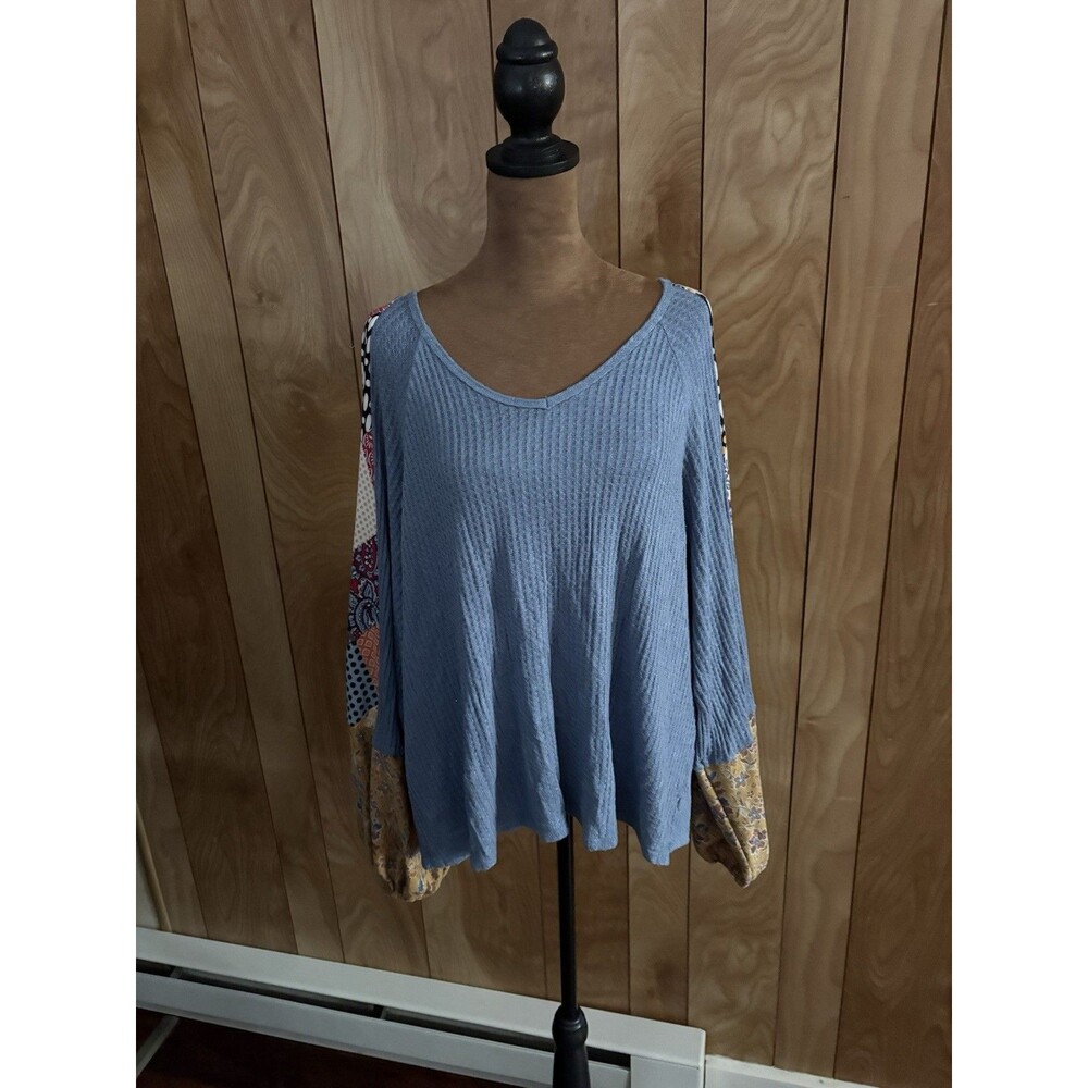 Adora Women’s Blue Waffle Knit Top Patchwork Long Sleeves Size Medium Oversized
